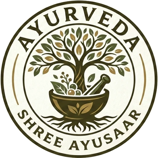 Shree Ayusaar emblem: a tree rising from a mortar and pestle, ringed by the words Ayurveda and Shree Ayusaar